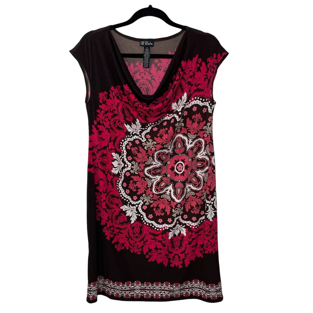 B. Calm Cap‎ Sleeveless Knee Length Dress 12 Brown Pink Floral Bold Cowl Neck
